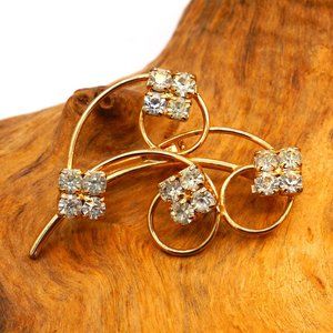 Vintage Swirly Gold Tone Floral Brooch Clear Cut Glass